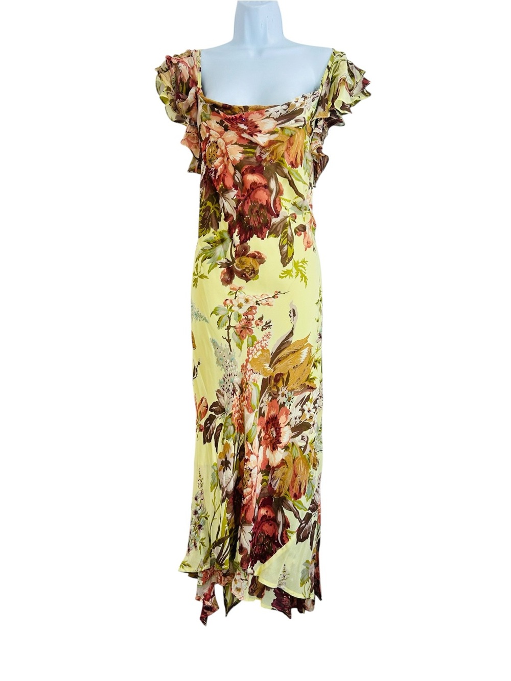 Newport News Vintage 90s Fairy Floral Ruffle Trim Midi Dress 10 Butter Yellow
